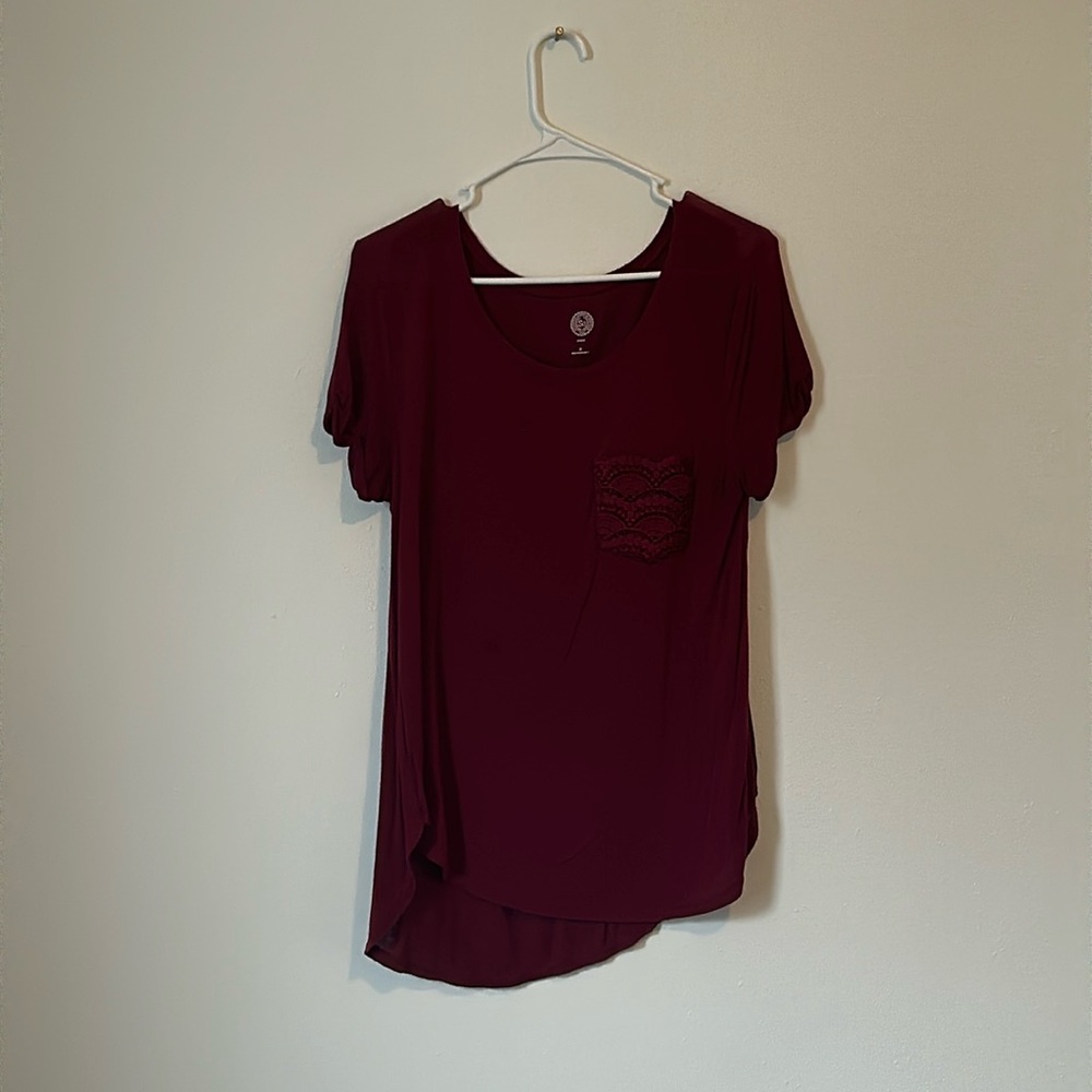Maroon Tee with Lace Pocket Detail